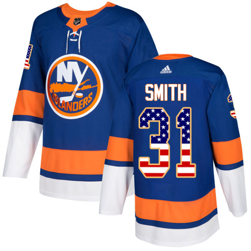 Adidas Islanders #31 Billy Smith Royal Blue Home Authentic USA Flag Stitched NHL Jersey - Click Image to Close